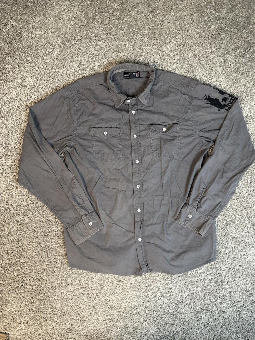 Counter Intelligence Shirt Mens L Gray Long Sleeve Button Up Pockets Cotton